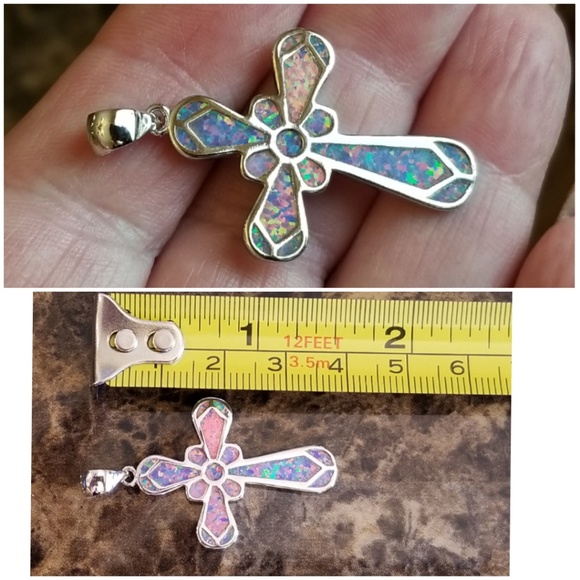 Genuine Australian Fire Opal Inlay Cross Pendant 1.65" - Picture 4 of 4